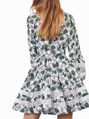 Maje White Long-Sleeve Midi Dress with Green Leaf & Purple Floral Print